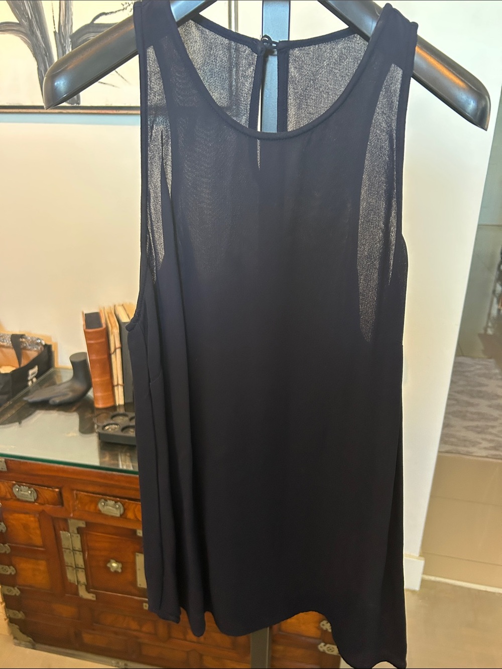 Women’s navy Sleeveless Sheer Yoke top. Flowing and A line bottom